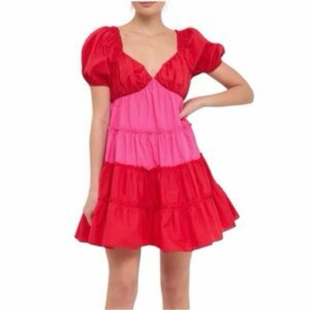 English Factory Two-Tone Pink & Red Tiered Puff Sleeve Mini Dress